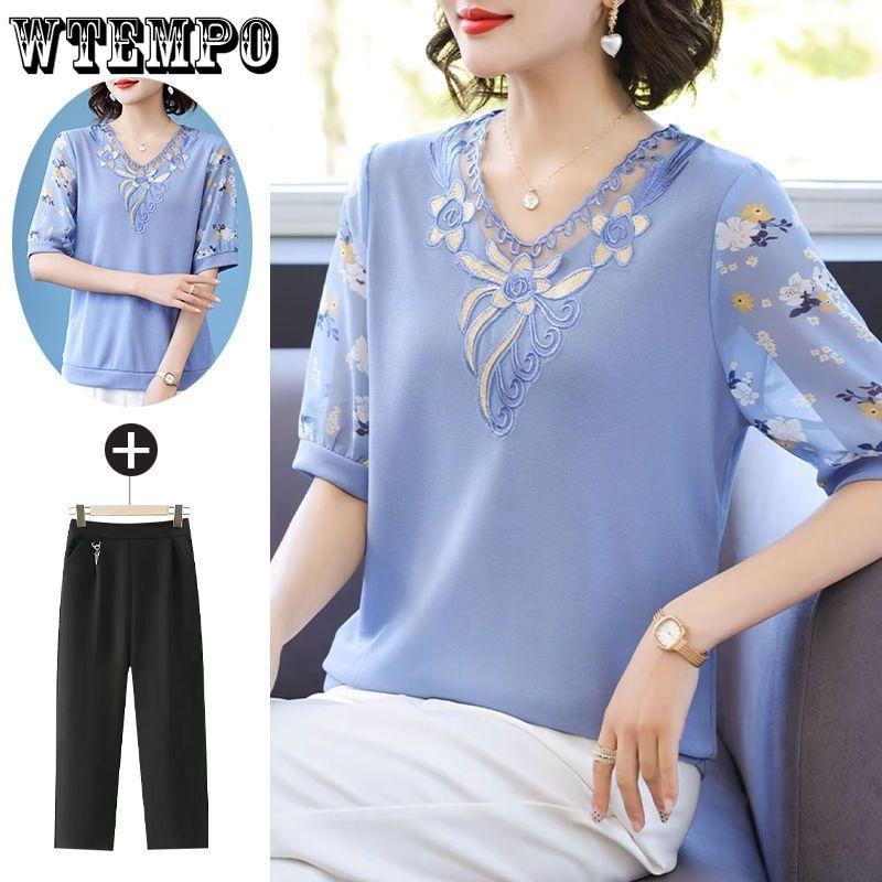 Mom's Summer Short Sleeved T-shirt Middle-aged Women's Ice Silk Top Middle-aged and Elderly Knitted Sweater