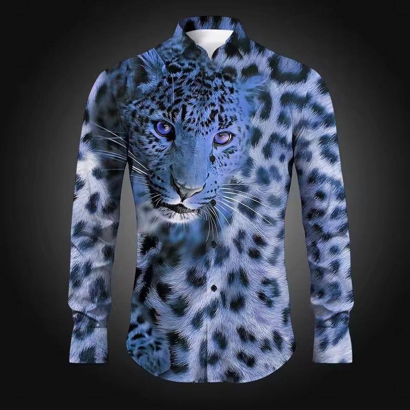 Men Slim Fit Long Sleeve Collared Shirts With Full Body Leopard Spot Texture & Front Leopard Head Motif Embellishment