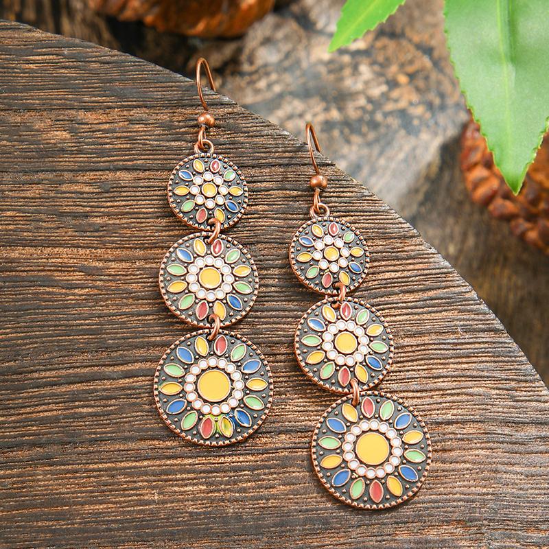 Orecchini Smaltati Colorati Etnici Retrò Bohemien da Donna Boho Fiore Vuoto Geometrico Rotondo Vintage Pendenti Gioielli Regalo