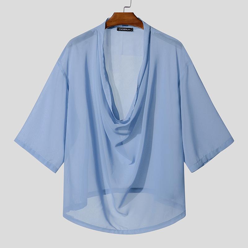 INCERUN Men's Sheer Cowl Neck T-Shirt Short Sleeve See-Through Casual Party Streetwear Loose Tops