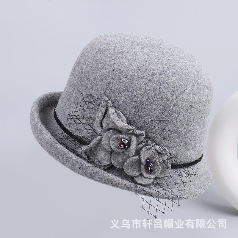 Hat women's autumn and winter fashion flower bucket hat crimped wool basin hat women's British retro bowler hat