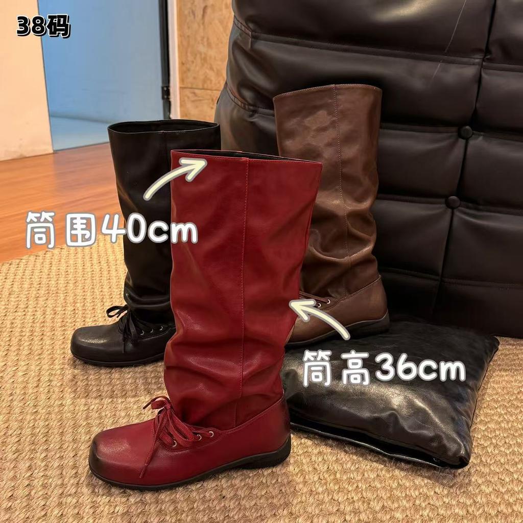 Square Head Pleated Western Pile Boots Women's Fall 2025 New Retro Platform Ballet Strap Medium Boots