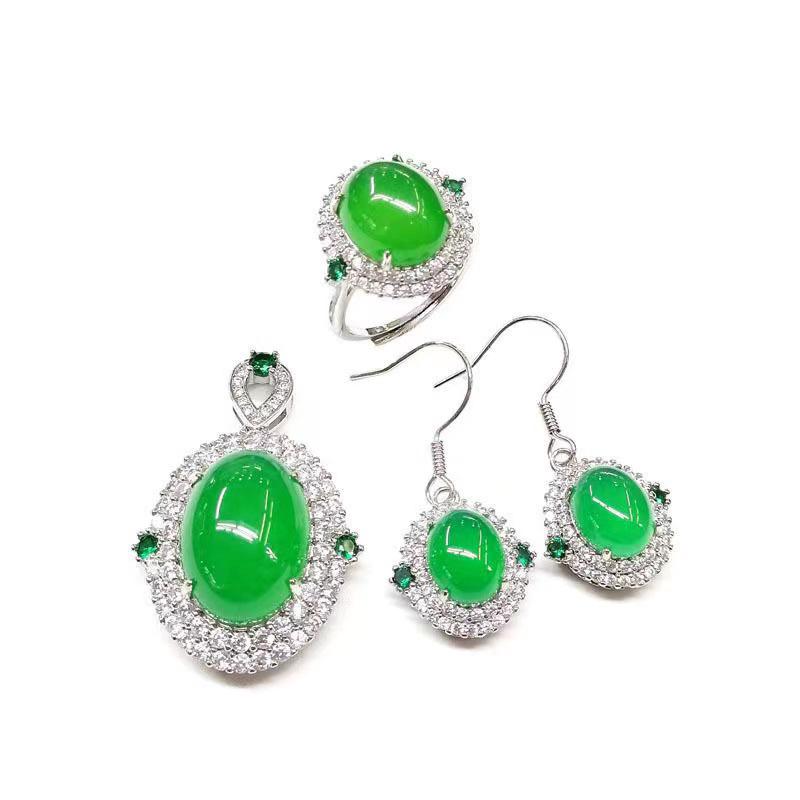 Elegant Dark Green Agate Jewelry Set: Popular Douyin Style, Hot Seller, 3-Piece Imitation Emerald Collection
