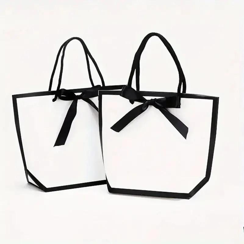 10pcs Ribbon Bow White Pardboard Paper Tote Gift Bags with Handles Shopping Party Wedding Party Birthday Retail Bags