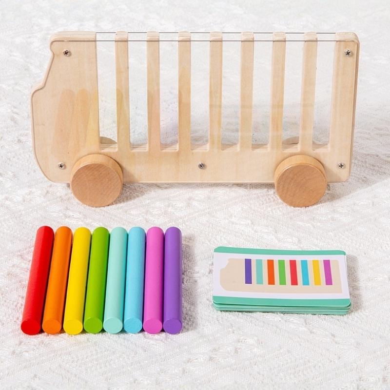 Kids Montessori Wooden Color Sorting Game Bus Shaped Toy with Insert Sticks Fine Motor Classroom Tool onesize