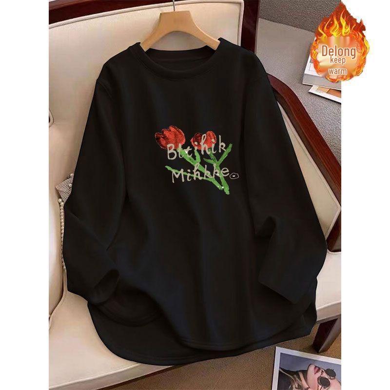 

Women s Mid-Length Loose Slimming T-Shirt, Plus Size, Long Sleeves, Warm Double-Sided Brushed Velvet. M (80-115 jin)