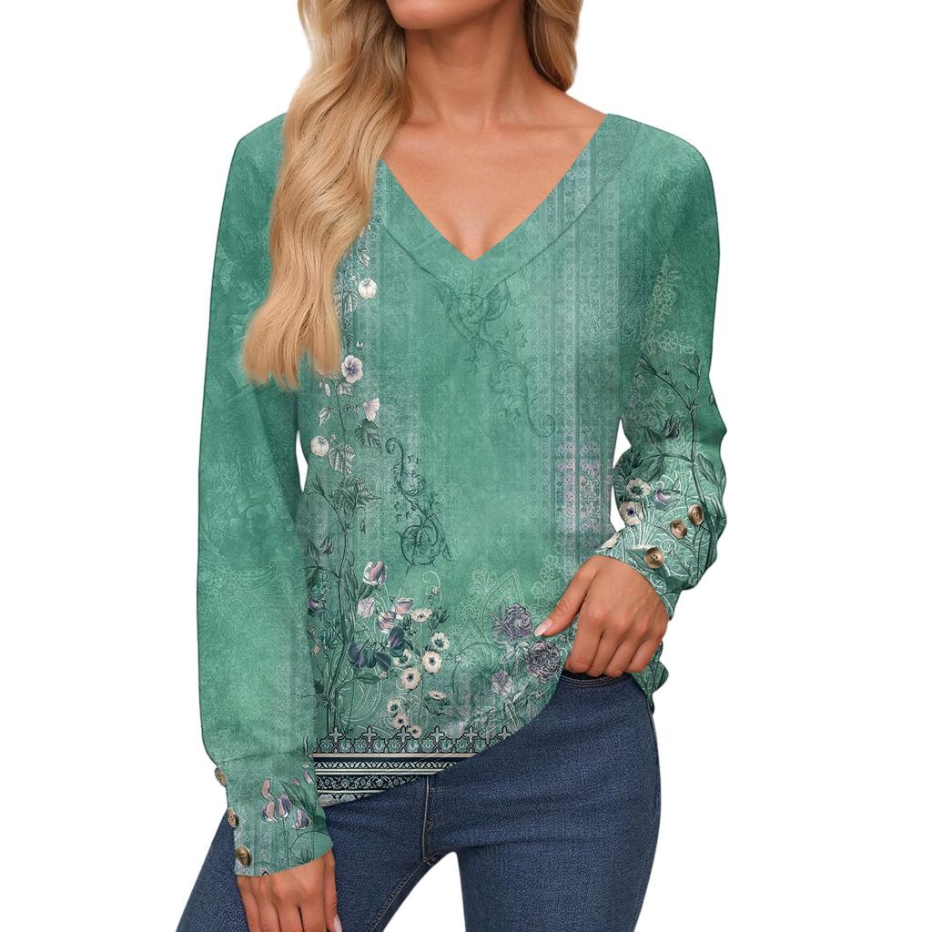 Women's Tops Long Sleeve Cuffs Button-Up Shirt V-Neck Casual Loose Tee Floral Tops