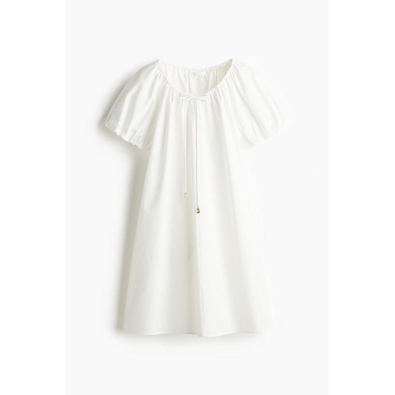 

HM Women clothes Collarless Dress 2025 Summer New Loose Short sleeve A Word Drawstring Collar One-Piece Dress 1275760 White 170/104