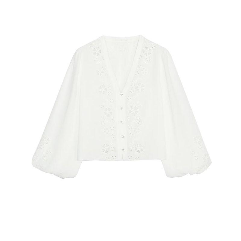 

Summer New Women clothes Casual Style Decorated Row Button Hollow Embroidery Fashion V-neck Long sleeve Shirts 8741082 White L