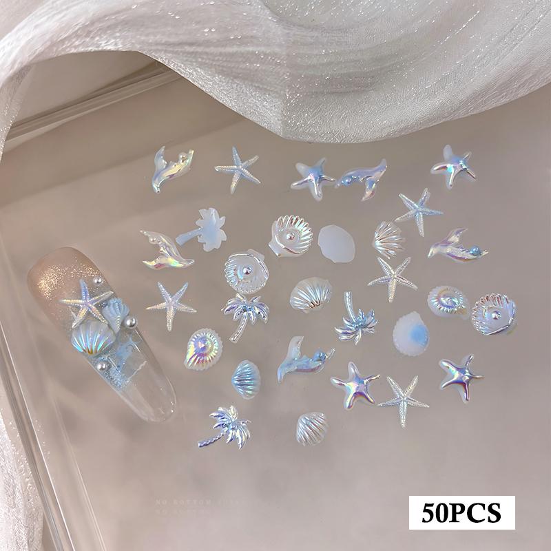 50Pcs Ocean Nail Art Charms Aurora Shell Starfish Mermaid Tail Nail Art Decors Gem Beach  Ice Clear Nail Decorations