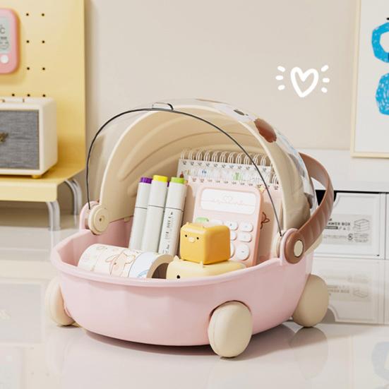 Storage Box Cartoon Trolley Shape Display Case with Handle And Rotating Dust-Proof Cover Organizer for Dolls Jewelry Stationery