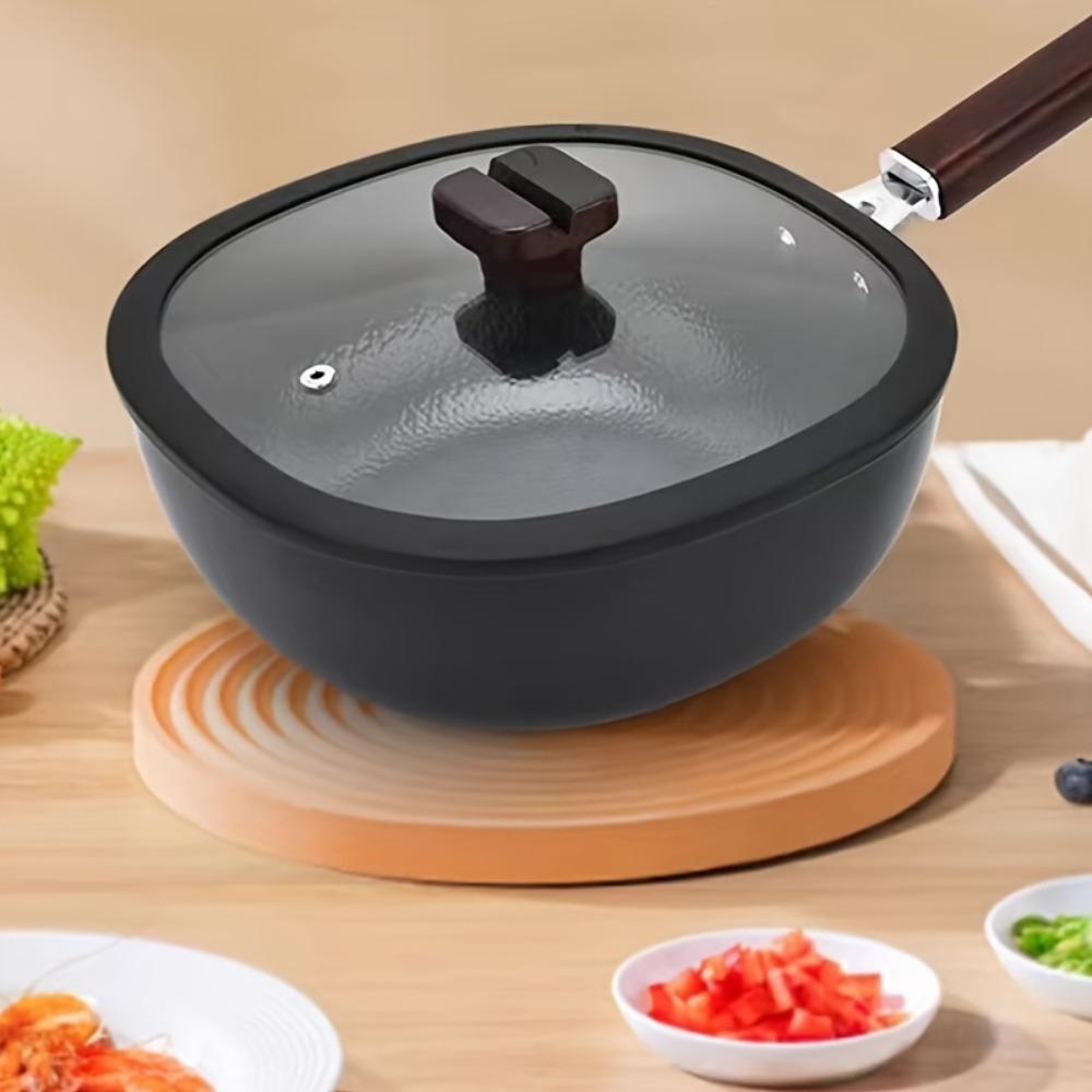 Refined Iron Stir Fry Pot Wood Handle Nonstick Pan Cookware Square Frying Pan  Chef