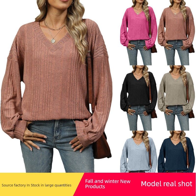 

2025solid Color V-neck Loose Casual Long Sleeved T-shirt Top Navy blue XXL