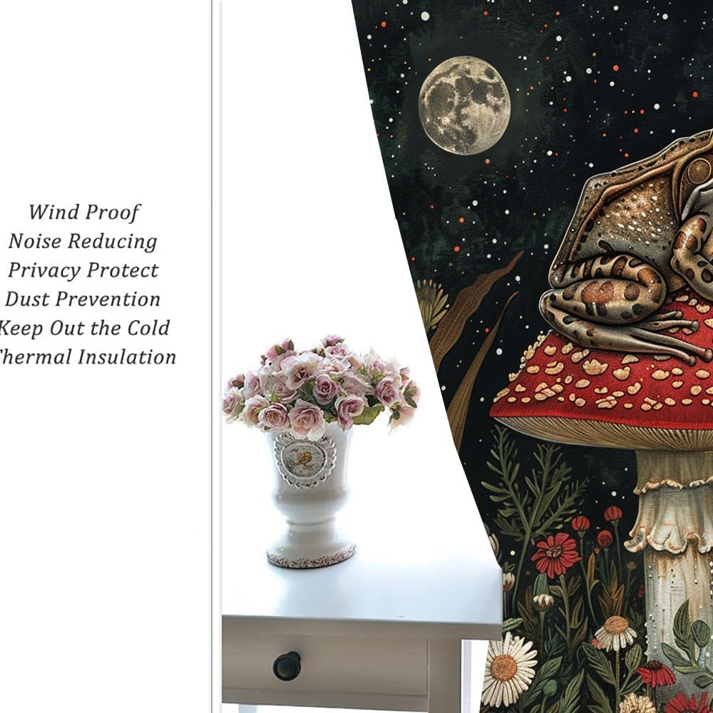 Vintage-Verdunkelungsvorhänge mit Pilz-, Frosch- und Blumenmuster im rustikalen 70er-Jahre-Aquarellstil, Frühlingsgarten-Vollmond-Print, perforiert für Wohnzimmer