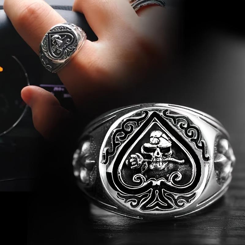 Ace of Spades Ring Retro Trendy Opening Spades Skull Index Finger Hip-Hop Ring Ornament for Large Men
