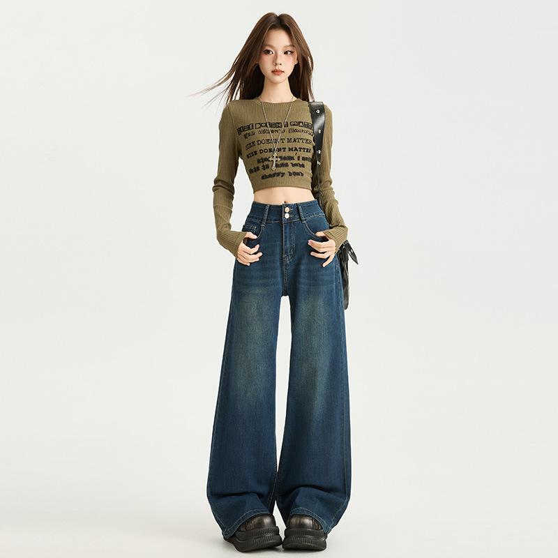 Autumn new elastic high-waisted double-buckle wide-leg floor-mopping pants loose meat-covering pendant jeans women