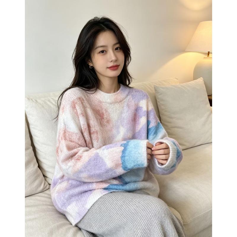 2026 Autumn Women Colorful Sweaters Knitting Basic Fashion O-Neck Style Loose Pullover Sweater