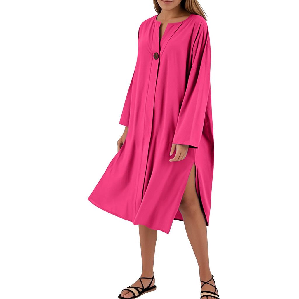 Women's Dresses Loose Casual Solid Color V-Neck Button Long Dresses