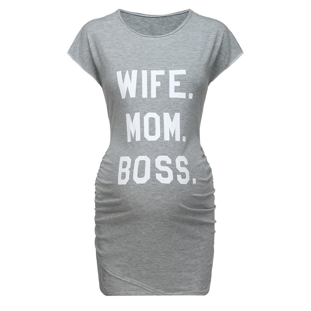 Women Pregnant Short Sleeve Pregnant   Maternity Dress Solid Print Skirt