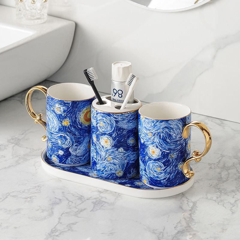 European Ceramic Blue Bathroom Five-piece Set Gold Border Gargle Cup Shampoo Bottle Soap Dish Wedding Gift Bathroom Accessories