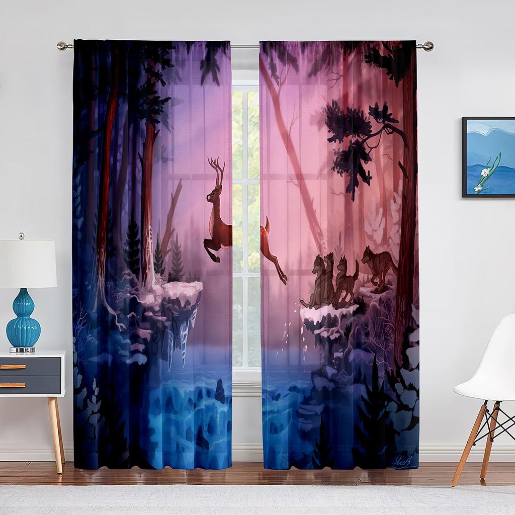 Winter Reindeer Elk Wildlife Animals White Snowy Forest Sheer Curtains for Living Room Bedroom Window Voile Tulle Curtain Drapes