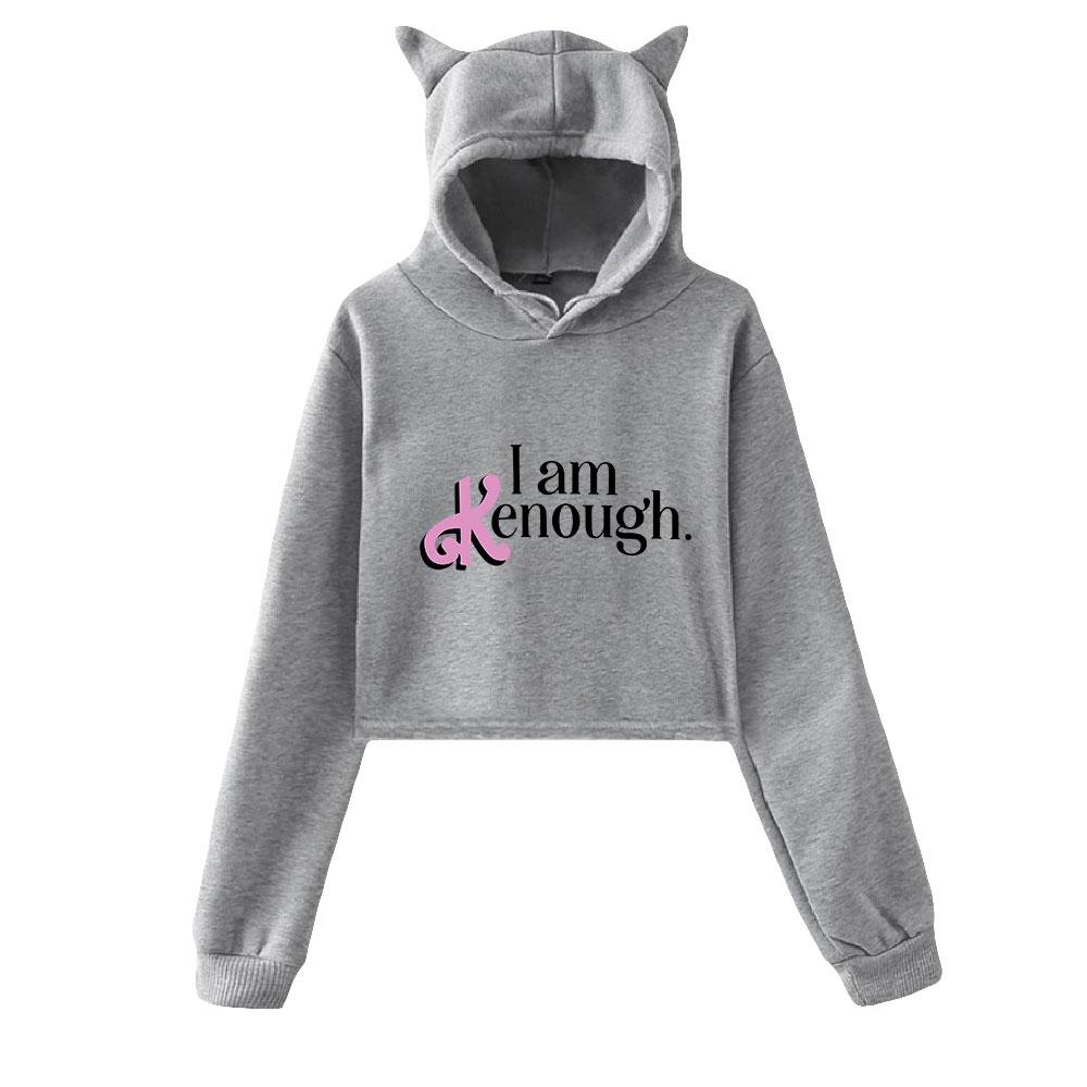 New Women s Long Sleeve Crop Top Hoodie Barbie I Am Kenough Letter Printed Sweatshirt with Cute Cat Ear XXS серый 1850₽
