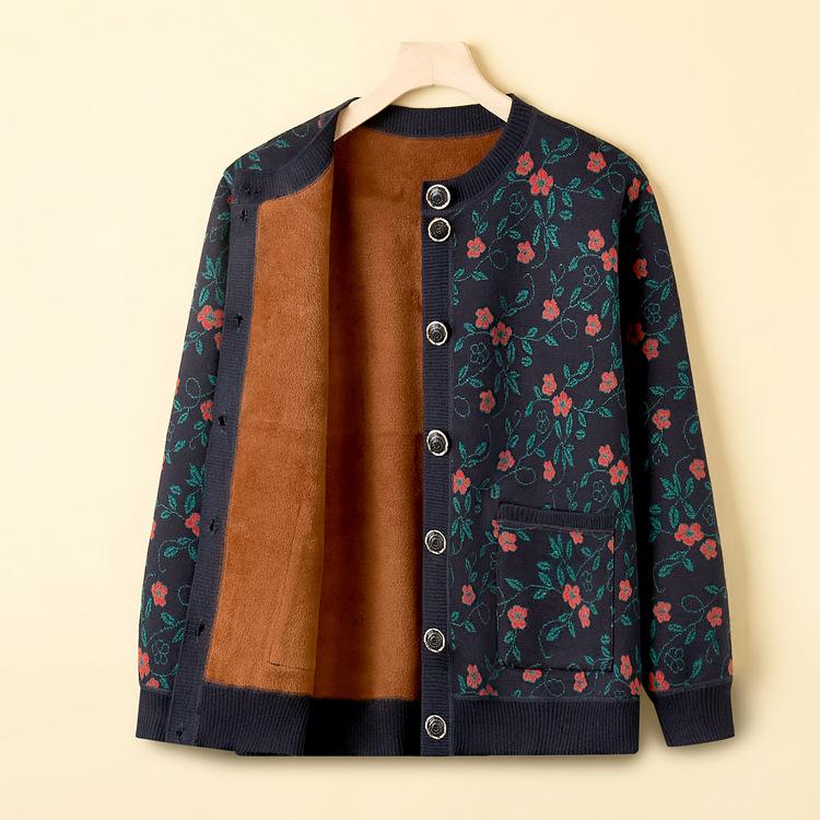 Cárdigan de punto para personas de mediana edad y mayores, suéter para madre, ropa acolchada de terciopelo para ancianas, abrigo de otoño e invierno para abuela, modelos para mujer.