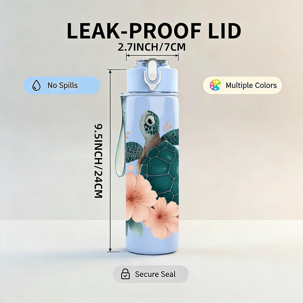 1 Stück Florales Meeresschildkröten-Print 750ml Farbe Kunststoff Sport-Wasserflasche Auslaufsicher Klappdeckel mit Strohhalm Geeignet für Sport Büro Heimgebrauch