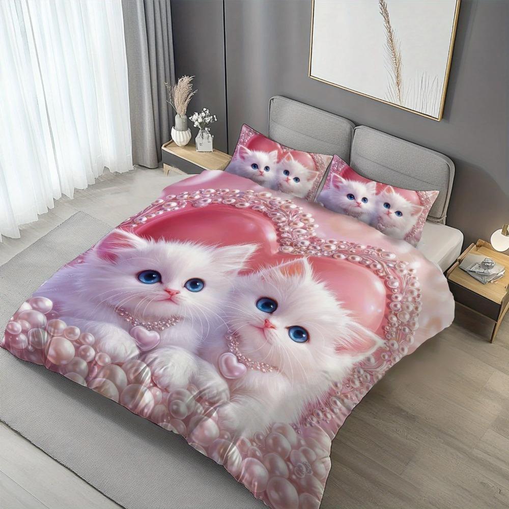 Pearl Cat Duvet Cover Set Cute Cat Pattern Bedding Set Duvet Cover ChildrenGift Single Double Largebed SizeZip Duvet Cover