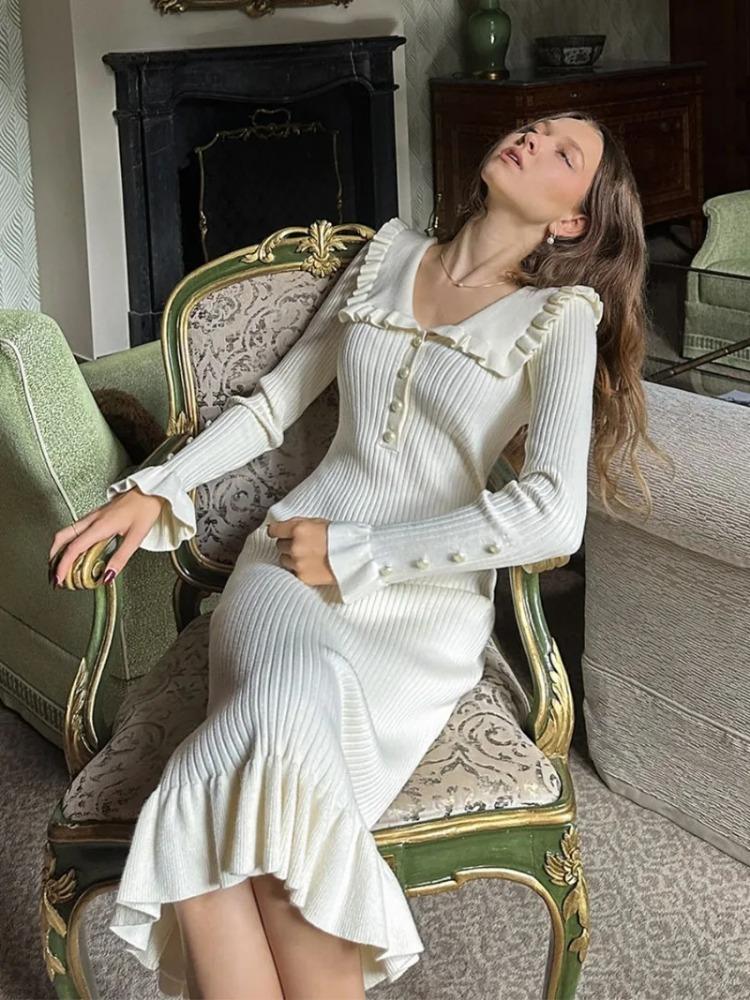 Hohe Taille Rüschen Maxi Kleider Für Frauen Gestrickte Schlanke Lange Kleid frauen Vintage Kleid Frau Retro Elegante