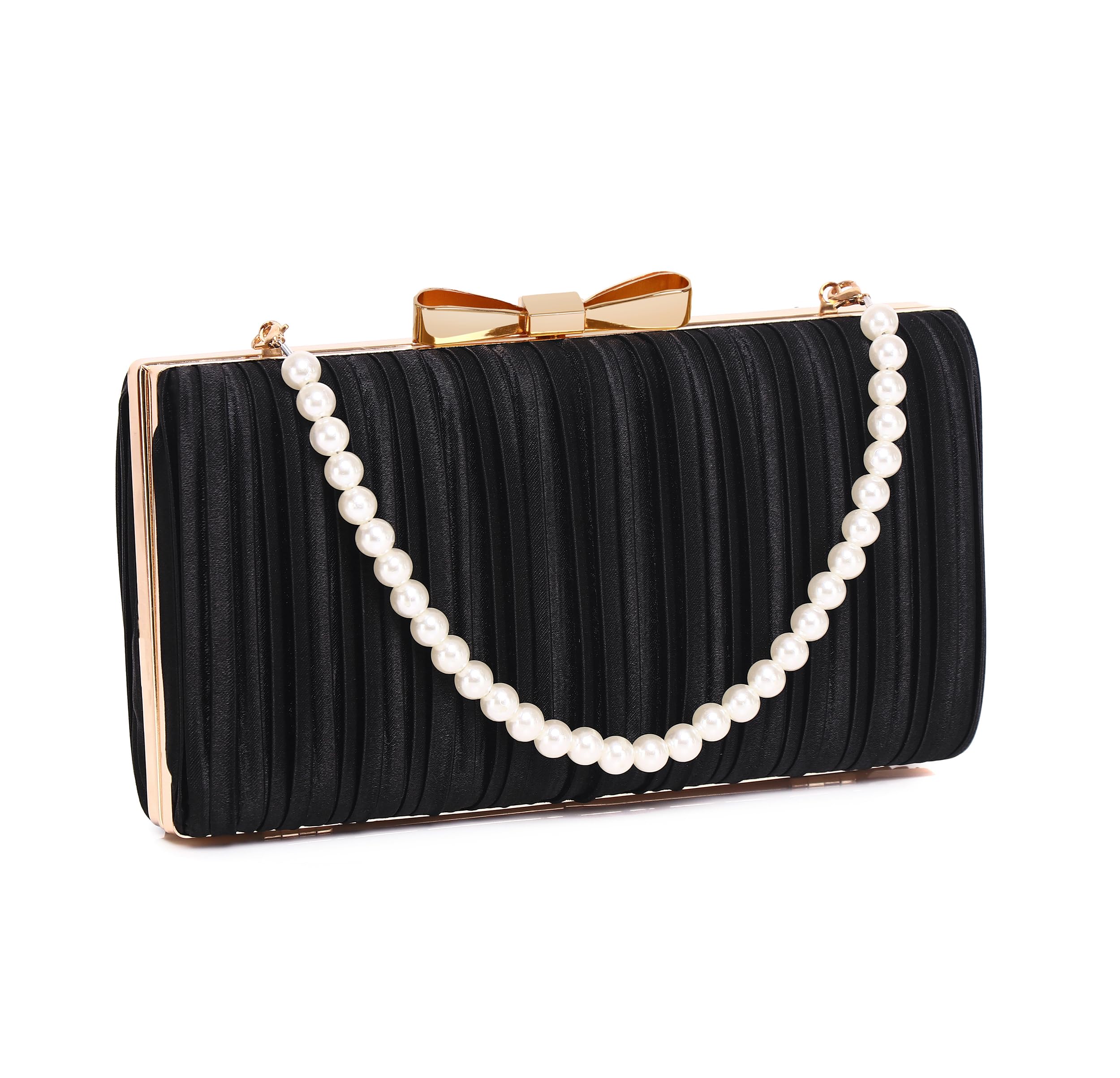 

MUDUO Ribbon and Gold Design Party Handbag, Women s Clutch Bag with Clasp Closure, Pleated Design, Perfect for Ceremonies and Weddings (Black)