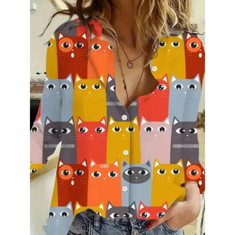 Autumn Women Clothing Cute Animal Prints Shirt Tops Cartoon Cat Pattern Personalized Street Long Sleeve Fashion Women's Blouses