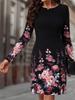 Autumn Winter Women Dress O Neck Flower Print A-Line Long Sleeve Loose Dress Casual Fashion Elegant Ladies Mini Dresses