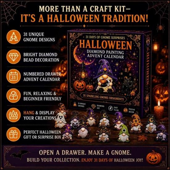Kit Artigianale di Halloween Calendario dell'Avvento Pittura con Strass Gnomo 31 Giorni, Kit Artigianato Fai-da-te per Bomboniere Festa, Ornamenti Artistici Fatti a Mano con Strumenti per Perline