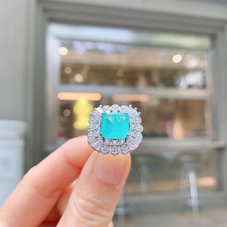 Cross Border Paraiba Electroplating Simulation Simple Zircon Ring Women Square Blue Socialite Opening