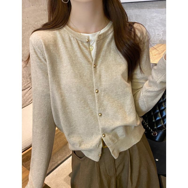 Neuer grauer Strick-Cardigan Damen Herbst Außen-Design Pulloverjacke Frühherbst Dünn Langarm-Oberteil Damen