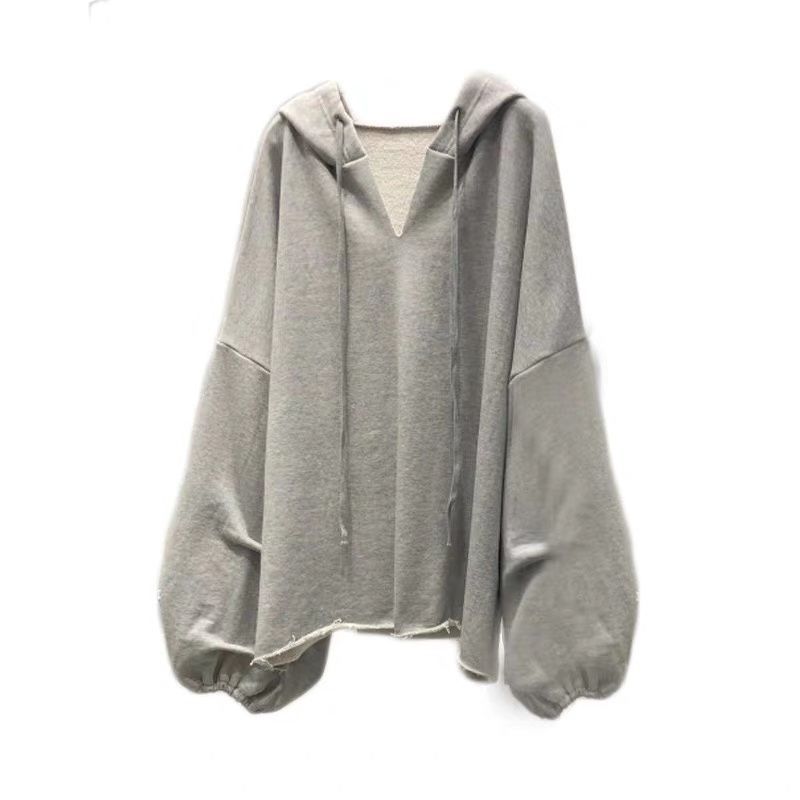 Spring  Autumn Women's V-Neck Hooded Cotton Sweater Thin Loose Solid Color Hooded Top