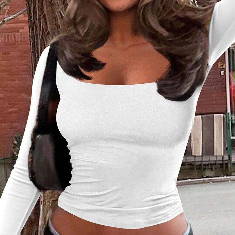 Ladies Spring Autumn Long Sleeve Sexy Deep Cut Solid Color Slim Fit Pullover Bare Midriff T Shirt Top