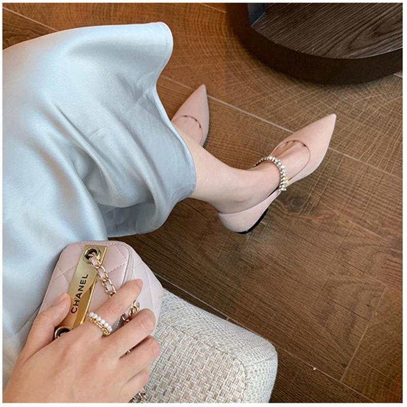 Spring 2025 Fairy Style Rhinestone Chain Mary Jane Flats - Patent Leather, Pointed Toe, Korean Soft Sole