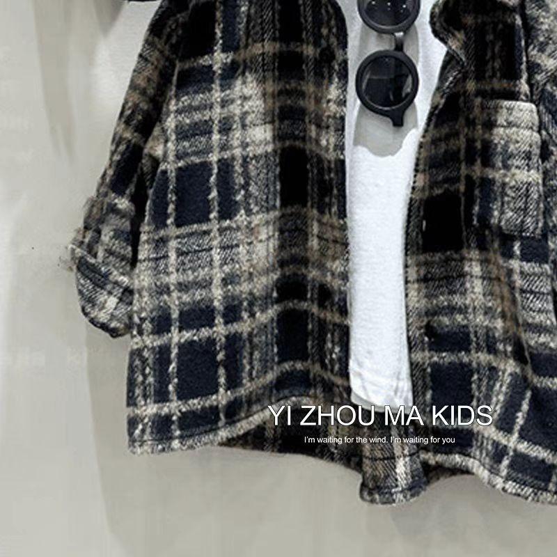 Boys Autumn Winter Thickened Brushed Plaid Shirt Korean Trendy Children Long Sleeve Top Jacket