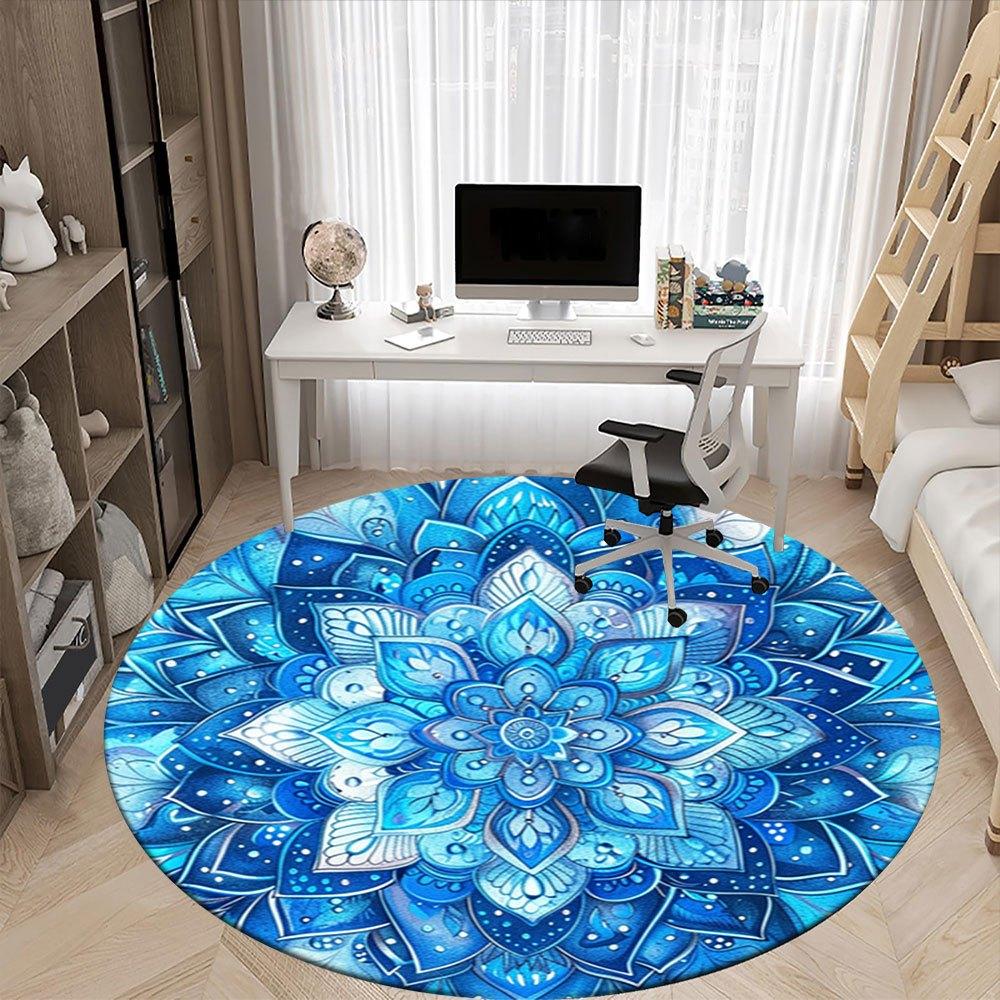 Blue Mandala Art Print: Circular Design, Abstract Blue Flower PatternRound Non-Slip chair mat chair carpet for office Rugs for Office Decor Gift For V