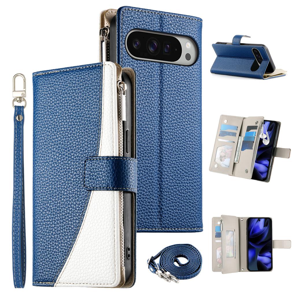 For Google Pixel 10 Pro XL/Pixel 9 Pro XL Case Zipper Wallet Color Splicing Leather Flip Phone Cover with Straps