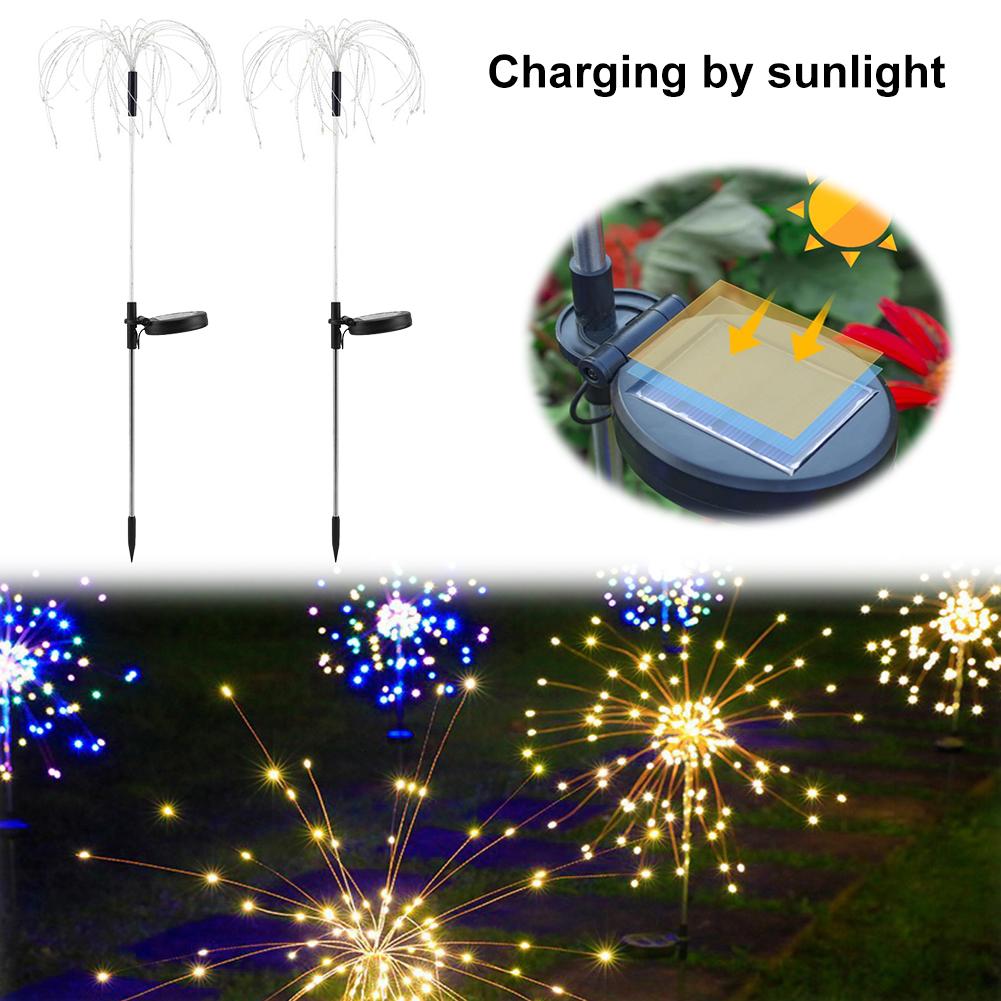 2Pcs Smart Sparklers Firework LED String Light Solar Fireworks Lights 8 Lighting Modes 200 LED Copper Wire Solar Firework Lights