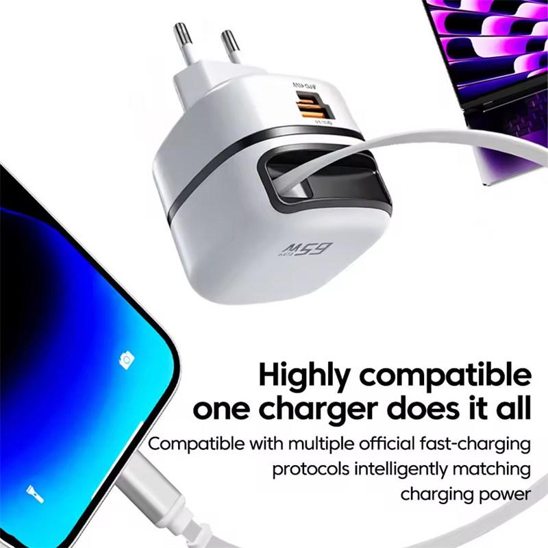 65W USB Type C Phone Charger Universal Travel Adapter Retractable Fast Charging USB C Cable For iPhone 16 Samsung Laptop