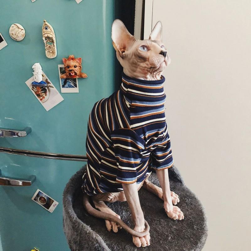 Sphynx Cat Clothing High Neck Striped Short Sleeve T-Shirt Hairless Cats Comfortable Indoor Cooling Wear