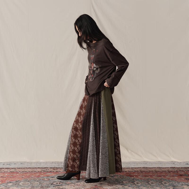 GREEN BELT Women's Retro Patchwork A-line Long Skirt