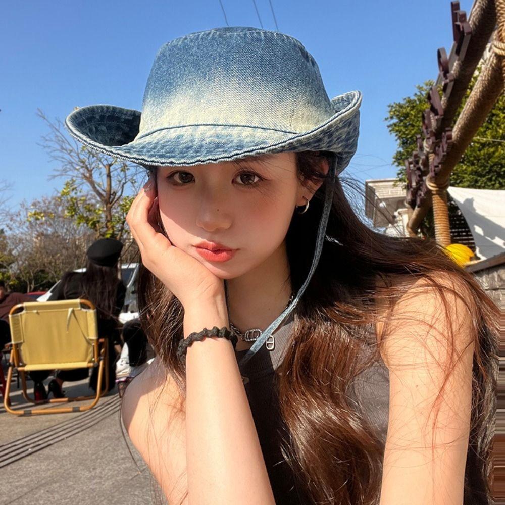 Water-washed Tie-dye Vintage Washed Denim Hat Wide Brim Drawstring Adjustable Western Cowboy Hats Windproof Sunscreen
