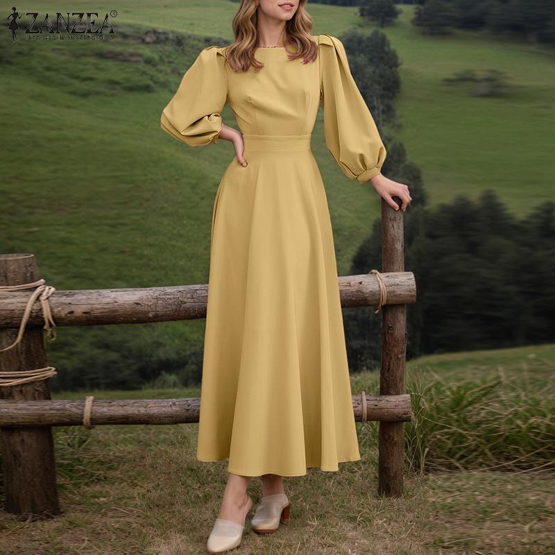 ZANZEA Dame Fritid Rund Hals Løs Puff Langermet Ensfarget Kjole