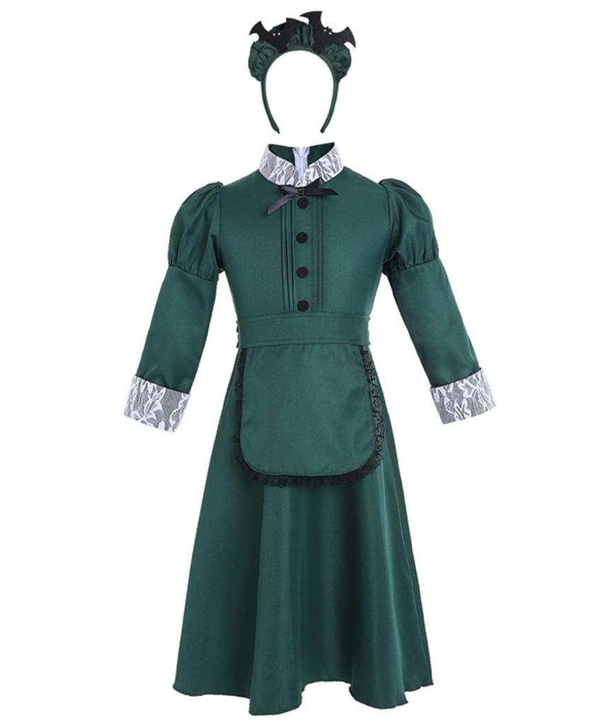 Milky Time Halloween Cosplay Maid Long Western-Style Costume, Women's, Green, (130cm, Kids)