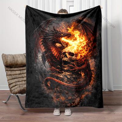 1 Stück Flammen-Schädel und Drachen-Aufdruck Decken für Erwachsene und Kinder Warm für Zuhause, Reisen, Auto Weich Bequem Geeignet für alle Jahreszeiten